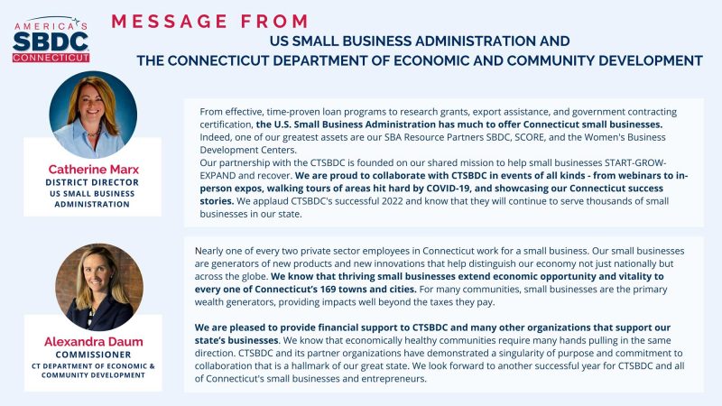 Message from US SBA Connecticut District Director Catherine Marx & Connecticut Department of Economic and Community Development Commissioner Alexandra Daum. You can read the full description via the link below.